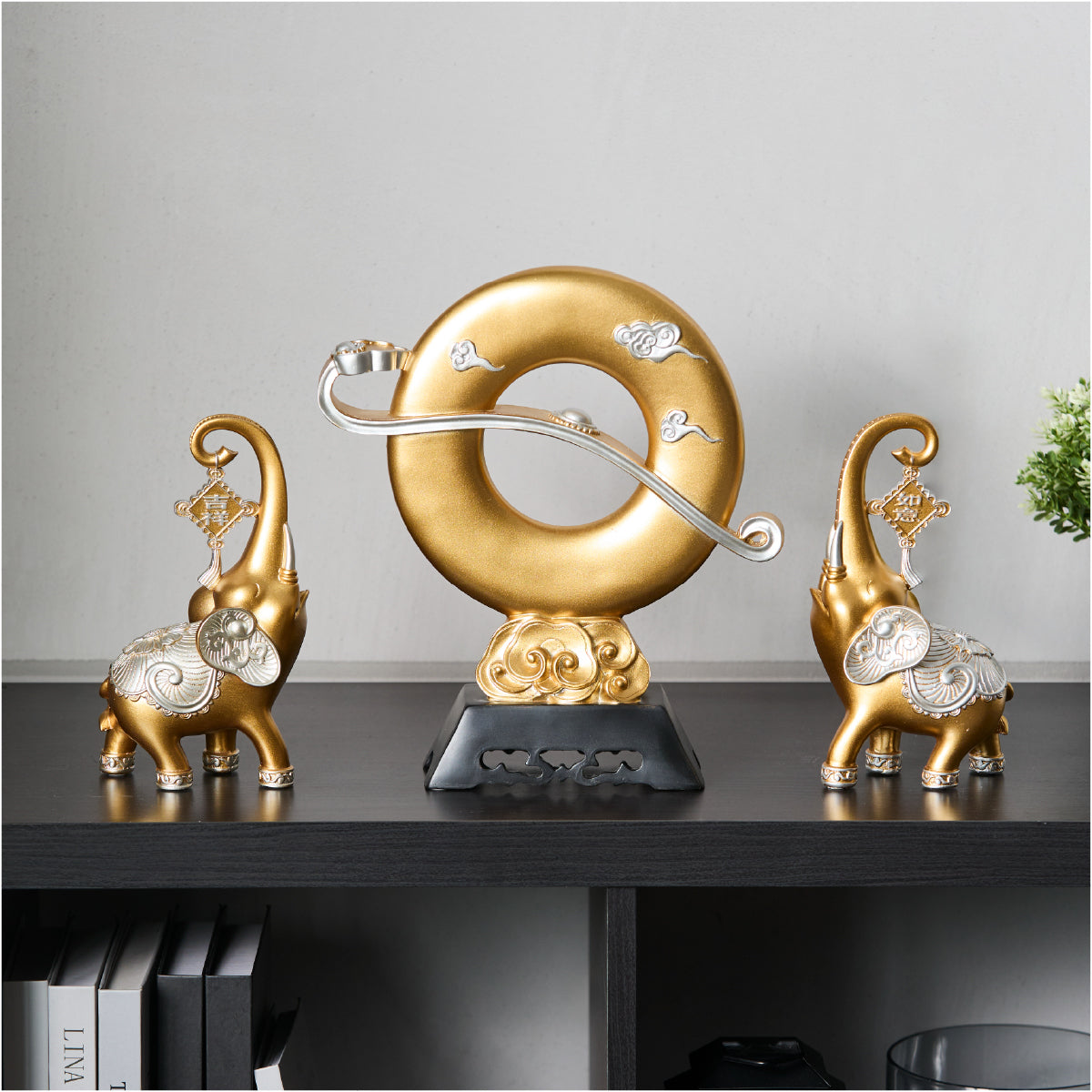 Celestial Blesser – Dual Elephant & Ring Statue (Blue/Gold)