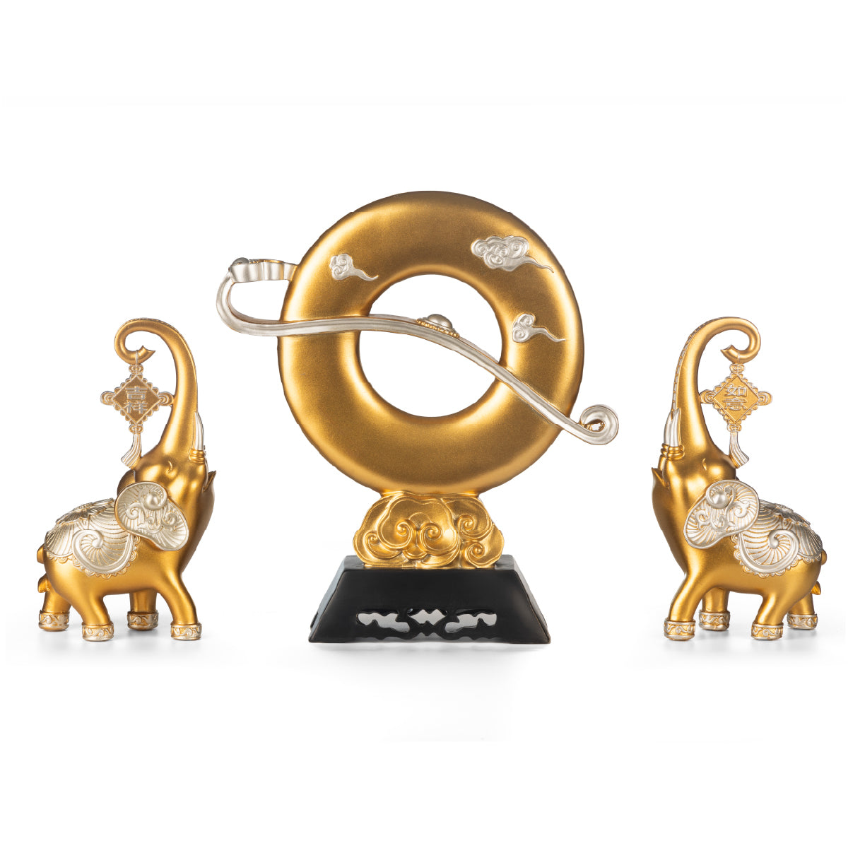 Celestial Blesser – Dual Elephant &amp; Ring Statue (Blue/Gold)