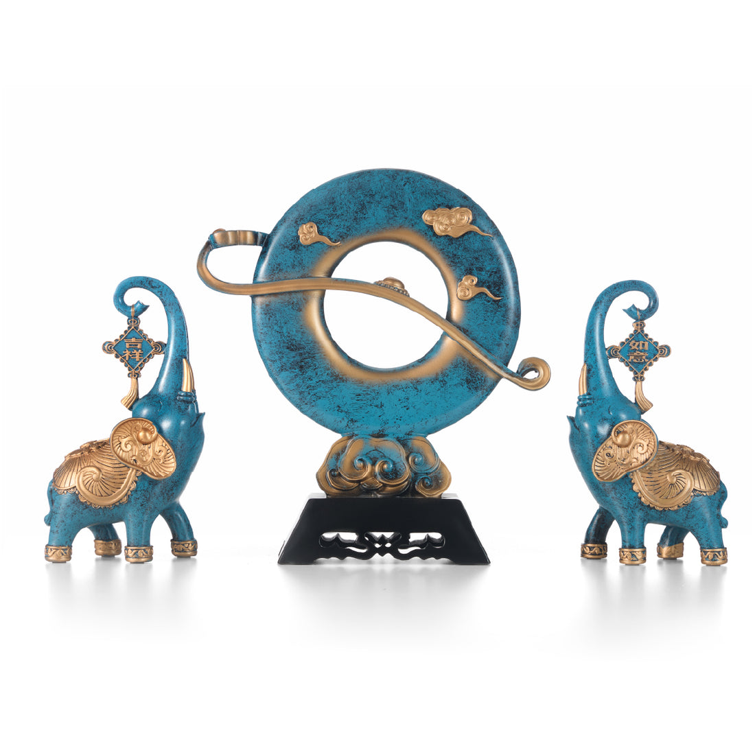 Celestial Blesser – Dual Elephant &amp; Ring Statue (Blue/Gold)