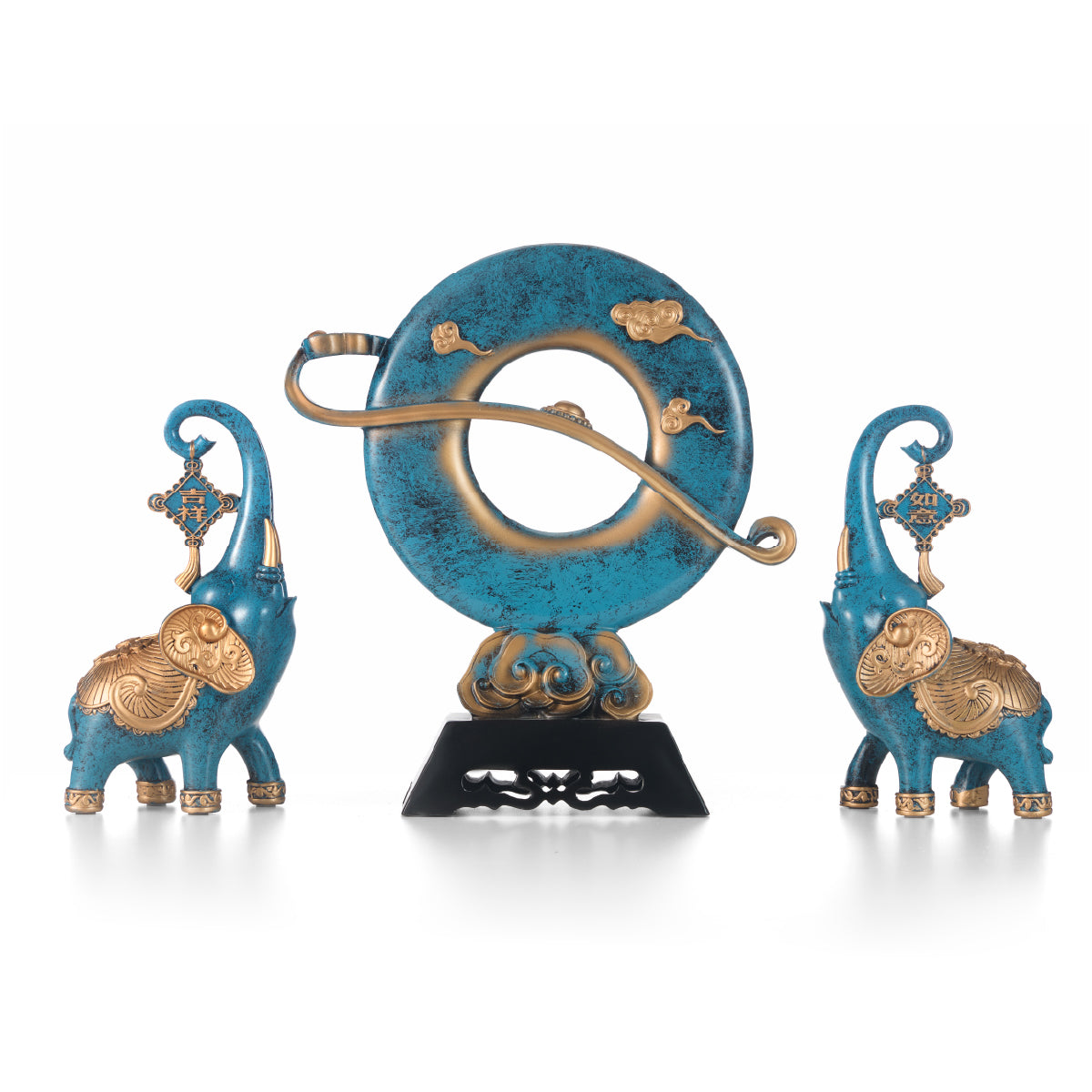 Celestial Blesser – Dual Elephant &amp; Ring Statue (Blue/Gold)