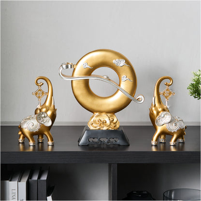 Celestial Blesser – Dual Elephant &amp; Ring Statue (Blue/Gold)