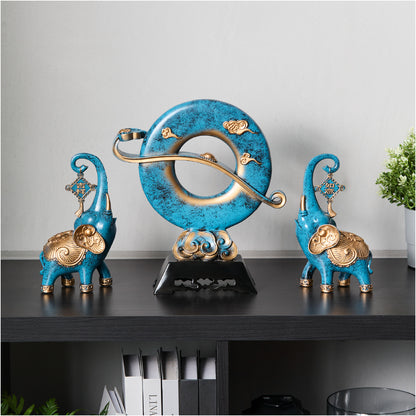 Celestial Blesser – Dual Elephant &amp; Ring Statue (Blue/Gold)